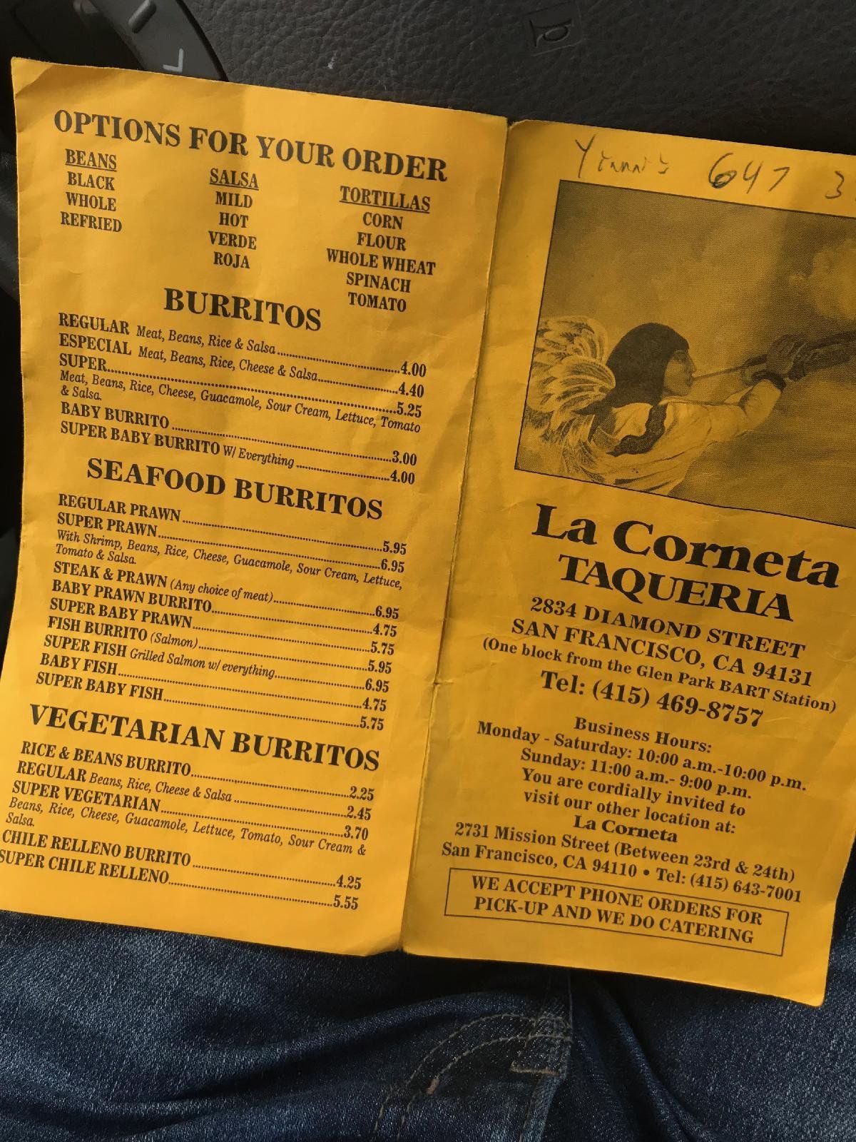 Old La Corneta Menu, SF